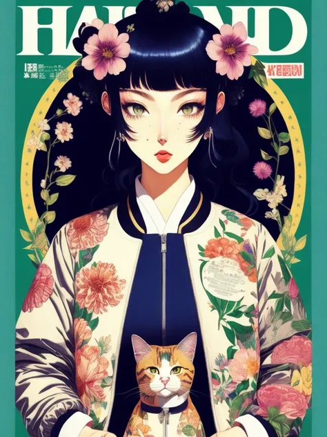 magazine cover poster, upper portrait of anime girl with cat, ultra detailed, cel shading, artistic, Shibuya fashion, Harajuku fashion, mucha, Frida Kahlo, vivid floral oversized Sukajan bomber jacket,trends of pixiv, headline, logos labels, badges, graphic design,art by Miyazaki Hay Takashi Murakami Oda Eiichirō