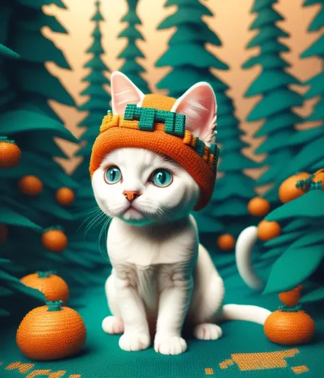 pixelated white it baby cat ina hat in an enchanted forest, 8-bit pixel art, intricate, depth of field, orange and teal