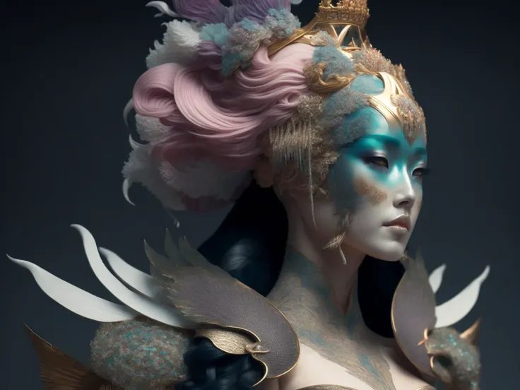 3 d goddess close - up profile portrait with crown, ram skull. beautiful intricately detailed japanese crow kitsune mask and clasical japanese kimono. betta fish, jellyfish phoenix, bio luminescent, plasma, ice, water, wind, creature, artwork by tooth wu and wlop and beeple and greg rutkowski