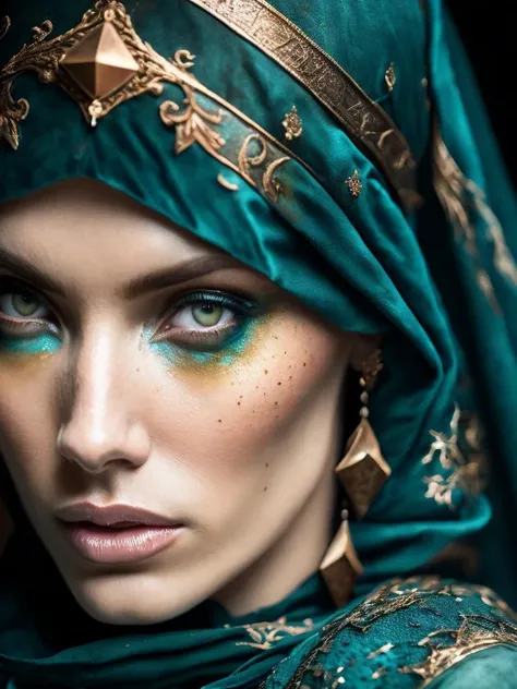 a dark award-winning closeup photo of a female model wearing a baggy teal distressed medieval cloth, 4 k, dark lighting, wide angle lens