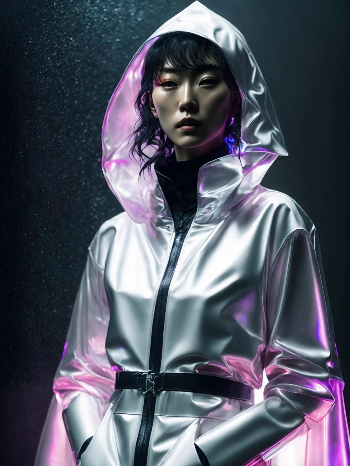 Kaori from akira wearing transparent raincoat hologram style, cyborg parts, rainy neo tokio photo shoot, cyberpunk