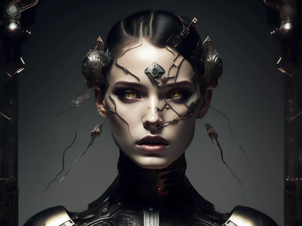 epic hyperrealistic photo of young android image by alexander, in the style of aleksi briclot, stylized portraiture, mechanical realism, dark and chaotic, highly detailed illustrations, serene faces, kinuko y. craft