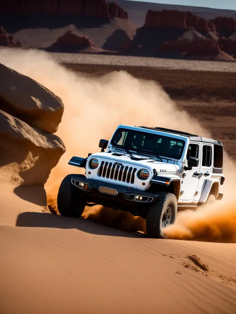 a hero shot of a jeep on sand and rock, little dust and sand flying behind it