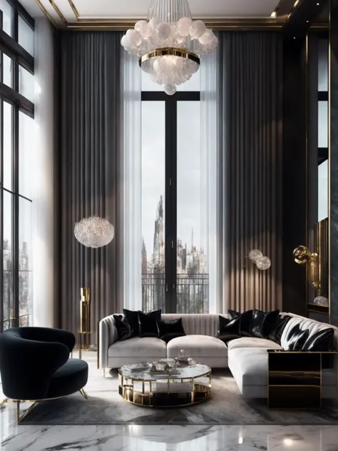 Stunning Lavish apartment interior design, marble floor, High ceilings, High glass windows, art deco, photorealistic, cinematic lighting, very chaotic