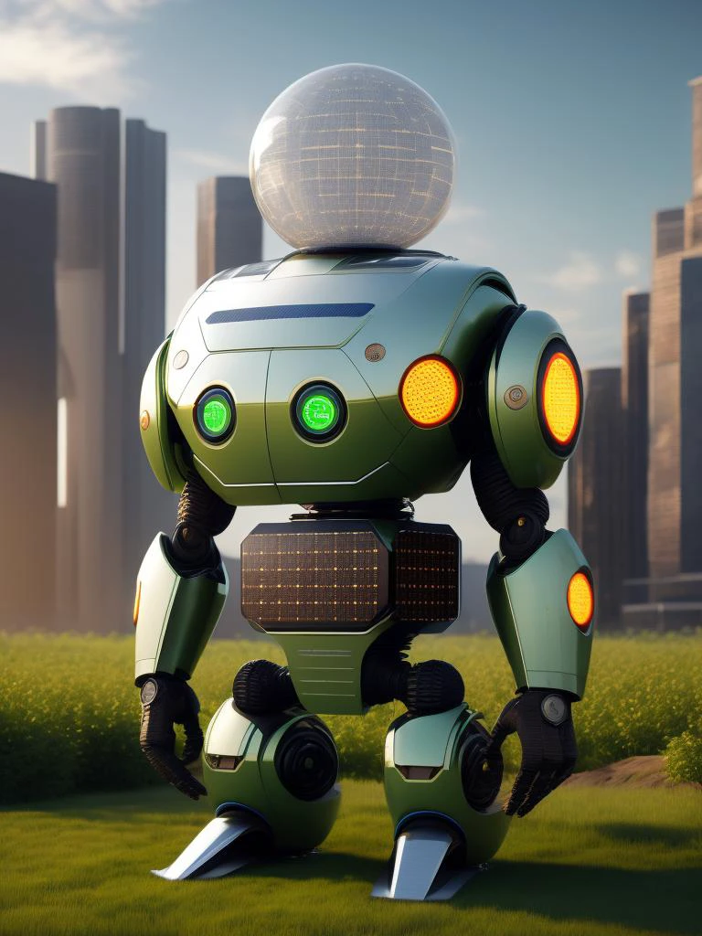 cute 4k realistic futuristic SolarPunk robot made out of Sustainable energy, solar-powered, renewable resources, eco-friendly technology, green infrastructure, clean energy, photovoltaic systems, permaculture, urban gardening, sustainable mobility, biomimicry, carbon-neutral, zero-emission, energy-efficient, vertical farming, community-driven, circular economy, self-sufficient, decentralized power, smart grid, intelligent automation, solar harvesting, upcycling, waste reduction, green architecture, futuristic design, energy storage, electric vehicles, regenerative systems, ethical manufacturing