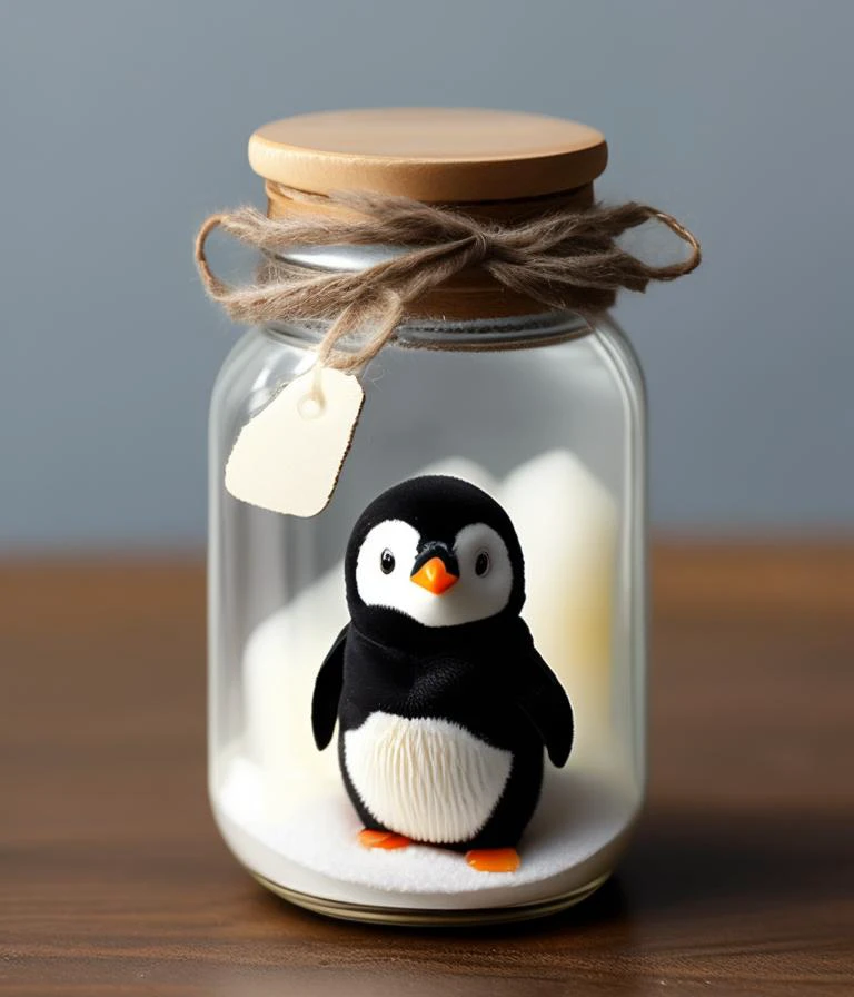 a small jar with a miniature cute penguin inside