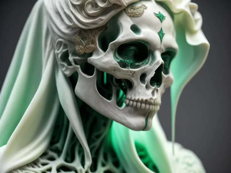 ultra detailed marble and jade sculpture of a female necromancer, skeleton face, volumetric fog, Hyperrealism, breathtaking, ultra realistic, ultra detailed, cyber background, cinematic lighting, highly detailed, breathtaking, photography, stunning environment, wide-angle