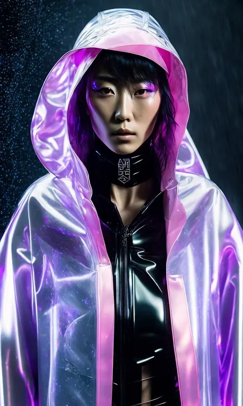 Kaori from akira wearing transparent raincoat hologram style, cyborg parts, rainy neo tokio photo shoot, cyberpunk