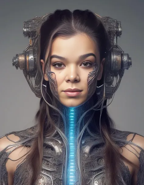 HaileeSteinfeld,<lora:HaileeSteinfeldSDXL:1>female, realistic photo, portrait shot on 70 mm film by annie leibovitz. Extremely detailed hyper realism painting with high detail and 8k resolution textures dramatic lighting trending at artstation in the style of Francis Bacon model a beautiful young woman wearing epic bionic cyborg implants is sitting inside her computer screen playing an ornate futuristic biomechanical brain to Render wires artwork full body single face headshot;by Greg Rutkowski Hildebrandt fancy baroque oil paint splatter dripping bright pastel flowers matte background concept design 3/4 view from above ground-level angle lens neon lights overgrown surrealism photorealistic octane
