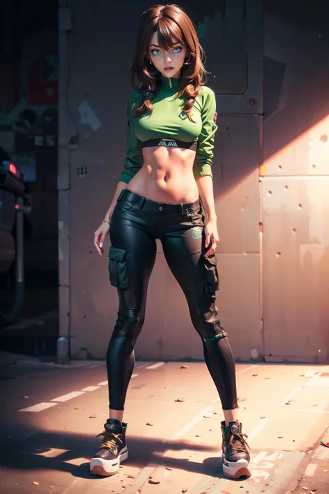 masterpiece, best quality, 1girl, medium breasts, long hair, brown hair, green cyberpunk jacket, cyberpunk crop top, cargo pants, skate shoes, dark blue eyes, wide hips,