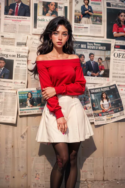 1girl,solo,skirt,high heels,red shirt,full body,white shirt,standing,pantyhose,jewelry,earrings,looking at viewer,realistic,portrait,hoop earrings,black hair,long hair,<lora:Maper:1>,off-shoulder,reveal both shoulders,clavicle,(background of the front newspaper wall:1.3),<lora:Newspaper:0.7>,newspaper background,