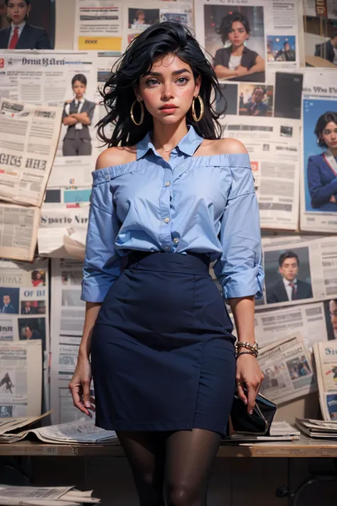 (dynamic angle view:1.3), (bokeh, cinematic composition, depth of field:1.24), 1girl,solo, curvy, wide hips, medium breast, office outfit, skirt, high heels, full body, blue shirt, standing, pantyhose, jewelry, earrings, looking at viewer, realistic, portrait, hoop earrings, black hair, long hair, off-shoulder, reveal both shoulders, clavicle, ((newspaper background, office background)),