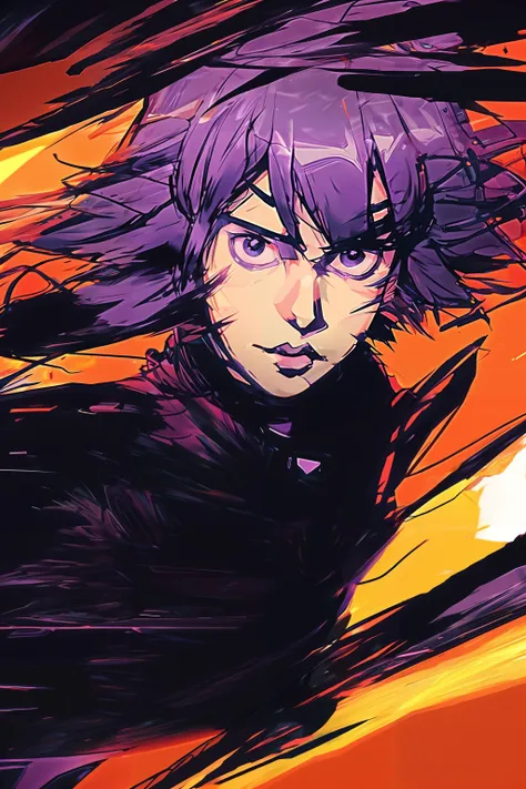 (masterpiece, best quality), portrait, (anime:1.4), 1girl, short messy punky hair, purple hair, black leather jacket, (orange background), ((dynamic angle:1.3)),