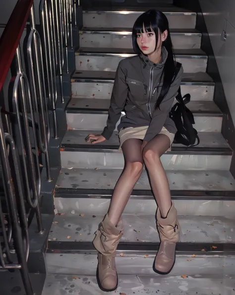 (masterpiece, best quality:1.4), (realistic:1.4), 1girl, bangs, black hair, blunt bangs, cowboy shot, hands in pockets, jacket, lips, long hair, looking at viewer, skirt, solo, standing