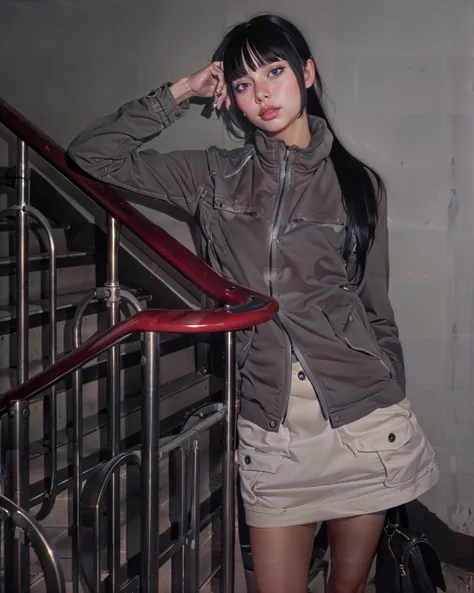 (masterpiece, best quality:1.4), (realistic:1.4), 1girl, bangs, black hair, blunt bangs, cowboy shot, hands in pockets, jacket, lips, long hair, looking at viewer, skirt, solo, standing,  <lora:add_detail:0.6>