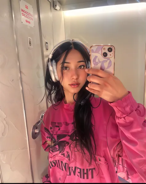 (mastgerpiece:1.4, best quality:1.4), ultra high res, raw photo, 1girl, bangs, black hair, brown eyes, clothes writing, headphones, holding phone, iphone, cellphone, long hair, long sleeves, looking at viewer, selfie, upper body,