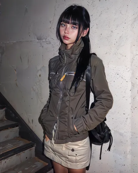 (masterpiece, best quality:1.4), (realistic:1.4), 1girl, bangs, black hair, blunt bangs, cowboy shot, hands in pockets, jacket, lips, long hair, looking at viewer, skirt, solo, standing,