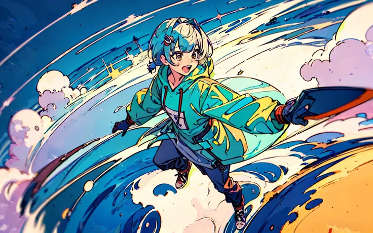 ((masterpiece,best quality)),1girl,solo, (((Chisato Nishikigi))), short hair, light green hair, solo, yellow baggy cargo pants, blue baggy hoodie, detail eyes, long sleeves, standing, white dress, gloves, hair ornament, screaming, floating hair, dutch angle from above, open mouth, looking away, (skater park),cloudy sky, blue sky, warm color,