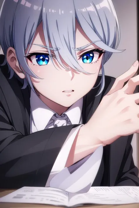 fruitofevolutiondestra, <lora:fruitofevolution destra s2-lora-nochekaiser:1>,
destra, short hair, blue eyes, hair between eyes, grey hair, male focus,
BREAK shirt, long sleeves, white shirt, grey hair, open clothes, vest, coat, ascot, black coat, white ascot,
BREAK indoors, classroom,
BREAK looking at viewer,
BREAK <lyco:GoodHands-beta2:1>, (masterpiece:1.2), best quality, high resolution, unity 8k wallpaper, (illustration:0.8), (beautiful detailed eyes:1.6), extremely detailed face, perfect lighting, extremely detailed CG, (perfect hands, perfect anatomy),