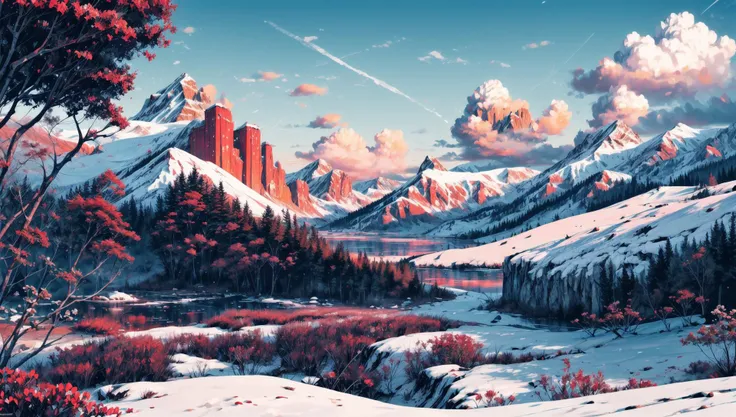 ((masterpiece:1.4,best quality)), cloud, outdoors
(mountains), spring glade, scenery, sky, winter,
(early morning:1.4),morning red, high detail, abundant, 8k, high detail, wallpaper,
<lora:more_details:1.5>, <lora:geometric_shapes:1>