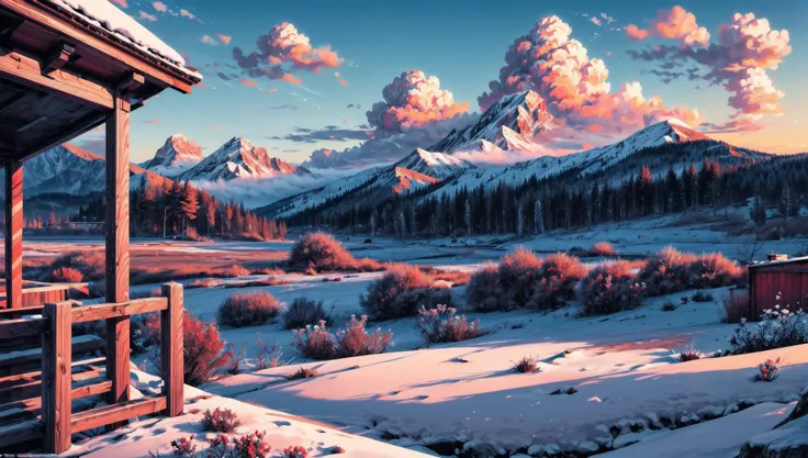 ((masterpiece:1.4,best quality)), cloud, outdoors
(mountains), spring glade, scenery, sky, winter,
(early morning:1.4),morning red, high detail, abundant, 8k, high detail, wallpaper,
<lora:more_details:1.5>, <lora:geometric_shapes:1>