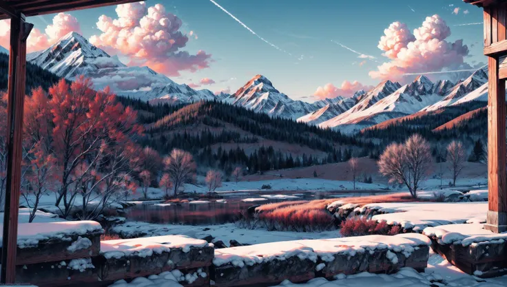 ((masterpiece:1.4,best quality)), cloud, outdoors
(mountains), spring glade, scenery, sky, winter,
(early morning:1.4),morning red, high detail, abundant, 8k, high detail, wallpaper,
<lora:more_details:1.5>, <lora:geometric_shapes:1>