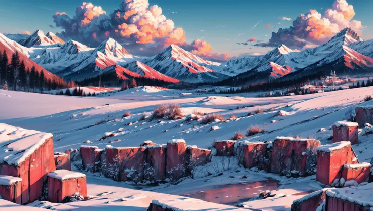 ((masterpiece:1.4,best quality)), cloud, outdoors
(mountains), spring glade, scenery, sky, winter,
(early morning:1.4),morning red, high detail, abundant, 8k, high detail, wallpaper,
<lora:more_details:1.5>, <lora:geometric_shapes:1>