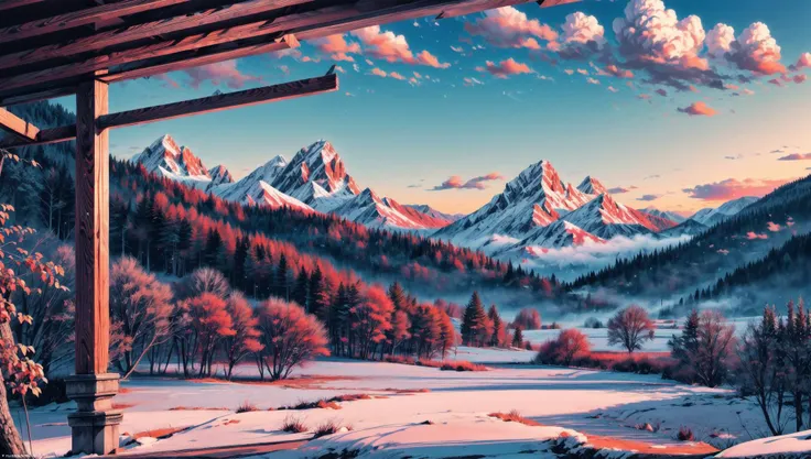 ((masterpiece:1.4,best quality)), cloud, outdoors
(mountains), spring glade, scenery, sky, winter,
(early morning:1.4),morning red, high detail, abundant, 8k, high detail, wallpaper,
<lora:more_details:1.5>, <lora:geometric_shapes:1>