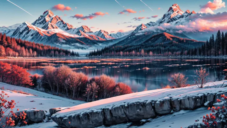 ((masterpiece:1.4,best quality)), cloud, outdoors
(mountains), spring glade, scenery, sky, winter,
(early morning:1.4),morning red, high detail, abundant, 8k, high detail, wallpaper,
<lora:more_details:1.5>, <lora:geometric_shapes:1>