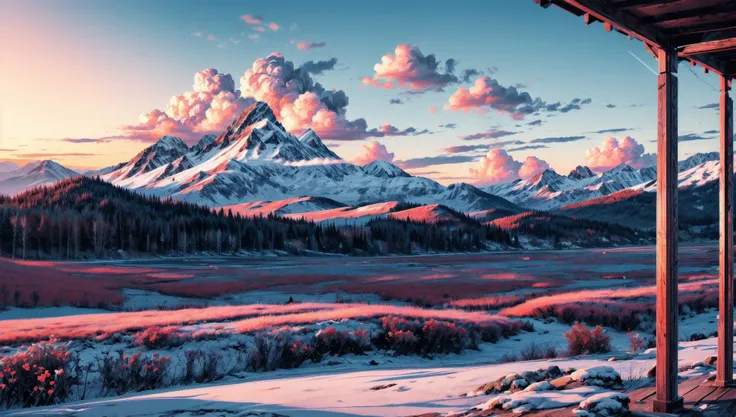 ((masterpiece:1.4,best quality)), cloud, outdoors
(mountains), spring glade, scenery, sky, winter,
(early morning:1.4),morning red, high detail, abundant, 8k, high detail, wallpaper,
<lora:more_details:1.5>, <lora:geometric_shapes:1>