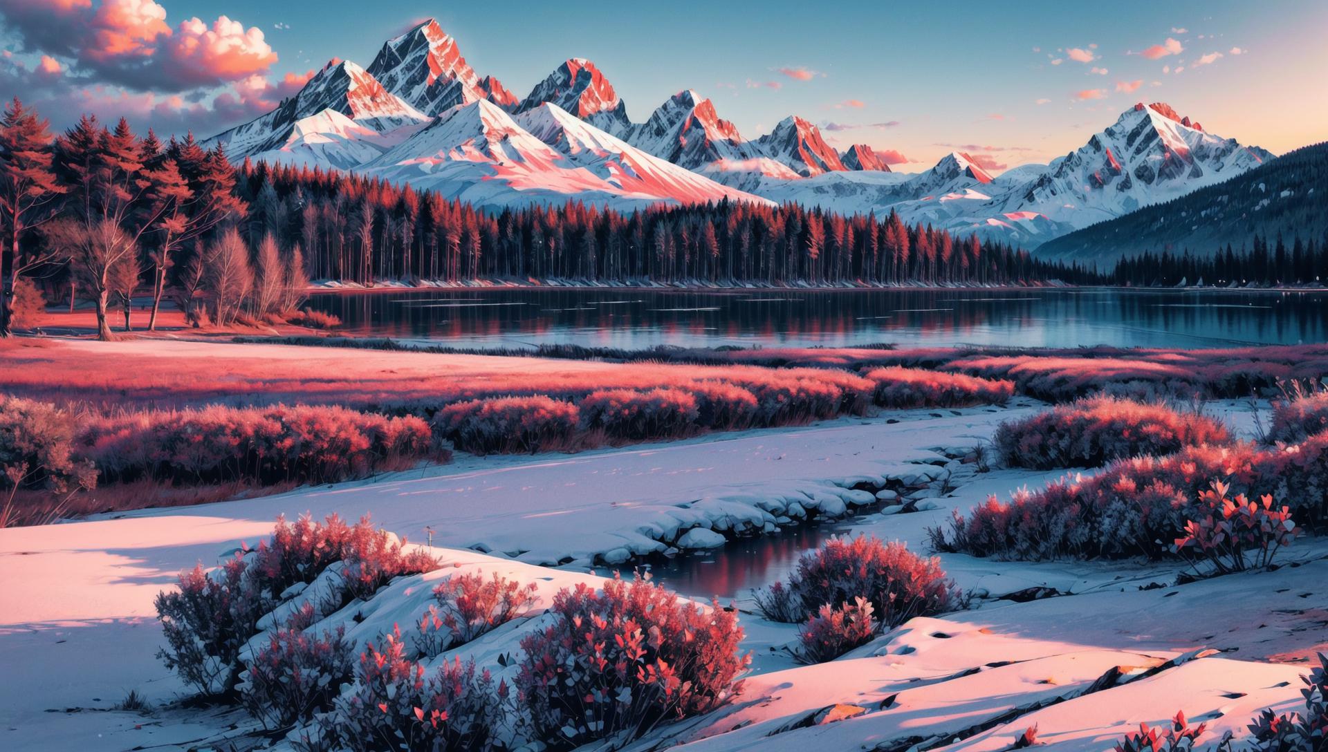 Snowy landscape with mountains and a lake in the foreground - SeaArt AI
