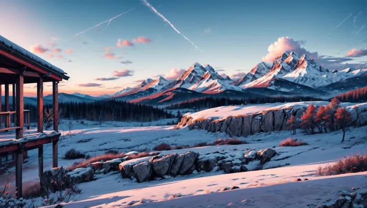 ((masterpiece:1.4,best quality)), cloud, outdoors
(mountains), spring glade, scenery, sky, winter,
(early morning:1.4),morning red, high detail, abundant, 8k, high detail, wallpaper,
<lora:more_details:1.5>, <lora:geometric_shapes:1>