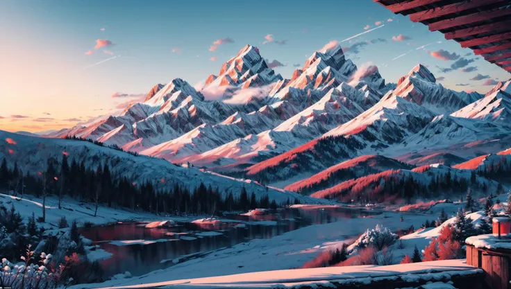 ((masterpiece:1.4,best quality)), cloud, outdoors
(mountains), spring glade, scenery, sky, winter,
(early morning:1.4),morning red, high detail, abundant, 8k, high detail, wallpaper,
<lora:more_details:1.5>, <lora:geometric_shapes:1>