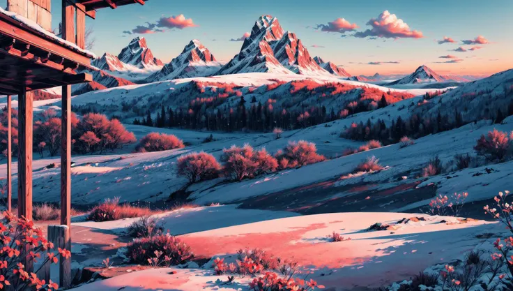 ((masterpiece:1.4,best quality)), cloud, outdoors
(mountains), spring glade, scenery, sky, winter,
(early morning:1.4),morning red, high detail, abundant, 8k, high detail, wallpaper,
<lora:more_details:1.5>, <lora:geometric_shapes:1>