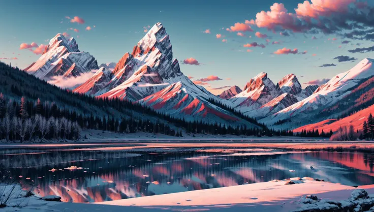 ((masterpiece:1.4,best quality)), cloud, outdoors
(mountains), spring glade, scenery, sky, winter,
(early morning:1.4),morning red, high detail, abundant, 8k, high detail, wallpaper,
<lora:more_details:1.5>, <lora:geometric_shapes:1>