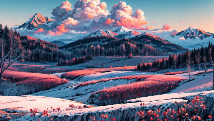 ((masterpiece:1.4,best quality)), cloud, outdoors
(mountains), spring glade, scenery, sky, winter,
(early morning:1.4),morning red, high detail, abundant, 8k, high detail, wallpaper,
<lora:more_details:1.5>, <lora:geometric_shapes:1>