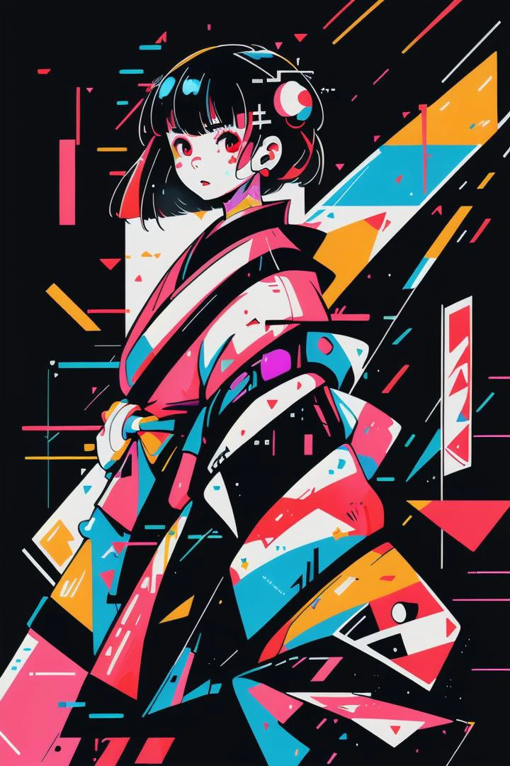 girl, kimono, innocent face, perfect anatomy, vibrant, cyberpunk theme, captured in a neon-lit Neotokyo suburb <lora:geometric_shapes:1>