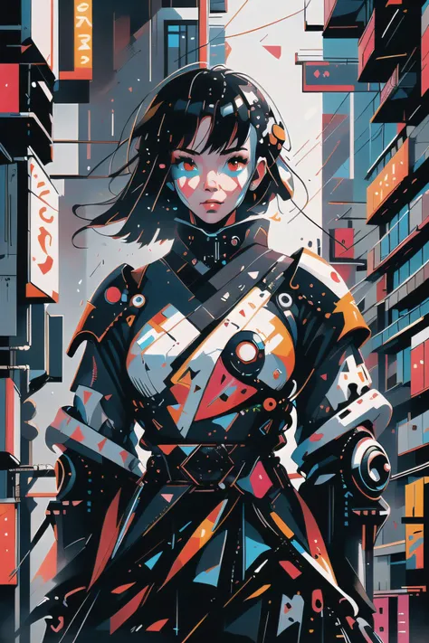 girl, front view, facing camera, kimono, vibrant, cyberpunk theme, captured in a neon-lit Neotokyo suburb <lora:nvdreampunk:0.8> nvdreampunk <lora:geometric_shapes:1.0> <lora:wrenchsmechs:0.9> mecha, cyberpunk, in heavy raining futuristic tokyo rooftop cyberpunk night, sci-fi, fantasy, intricate, very very beautiful, elegant, neon light, highly detailed, digital painting, artstation, concept art, soft light, hdri, smooth, sharp focus, illustration,