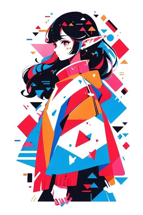 <lora:niji_geometric_shapes:1>, 1girl, solo, long hair, colorful, elf ears