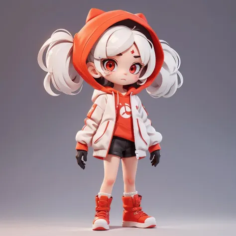 <lora:Designer_BlindBox:0.5>,(chibi:0.8),cute,simple background,1girl, solo, looking_at_viewer, red_eyes, gloves, long_sleeves, twintails, standing, jacket, full_body, white_hair, boots, shorts, hood, parted_bangs, facial_mark, black_shorts, red_footwear, hood_up, forehead_mark, short_eyebrows, covered_mouth, no_mouth