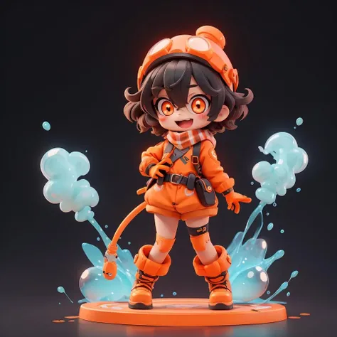 <lora:Designer_BlindBox:0.5>,chibi,cute,1girl, solo, looking_at_viewer, blush, smile, short_hair, open_mouth, bangs, red_eyes, gloves, hair_between_eyes, standing, full_body, boots, water, chibi, scarf, orange_eyes, symbol-shaped_pupils, :3, blush_stickers, thick_eyebrows, goggles, black_background, hose, orange_footwear, orange_gloves,simple background