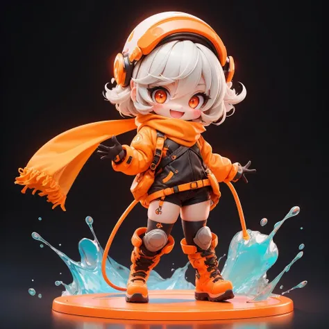 <lora:Designer_BlindBox:0.5>,chibi,cute,1girl, solo, looking_at_viewer, blush, smile, short_hair, open_mouth, bangs, red_eyes, gloves, hair_between_eyes, standing, full_body, boots, water, chibi, scarf, orange_eyes, symbol-shaped_pupils, :3, blush_stickers, thick_eyebrows, goggles, black_background, hose, orange_footwear, orange_gloves,simple background