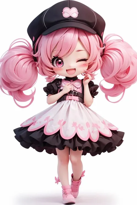 ,chibi,cute,white background,simple background,1girl, solo, blush, smile, open_mouth, hat, dress, twintails, full_body, pink_hair, one_eye_closed, pink_eyes, chibi, blush_stickers, eyepatch <lora:Designer_BlindBox:0.5>