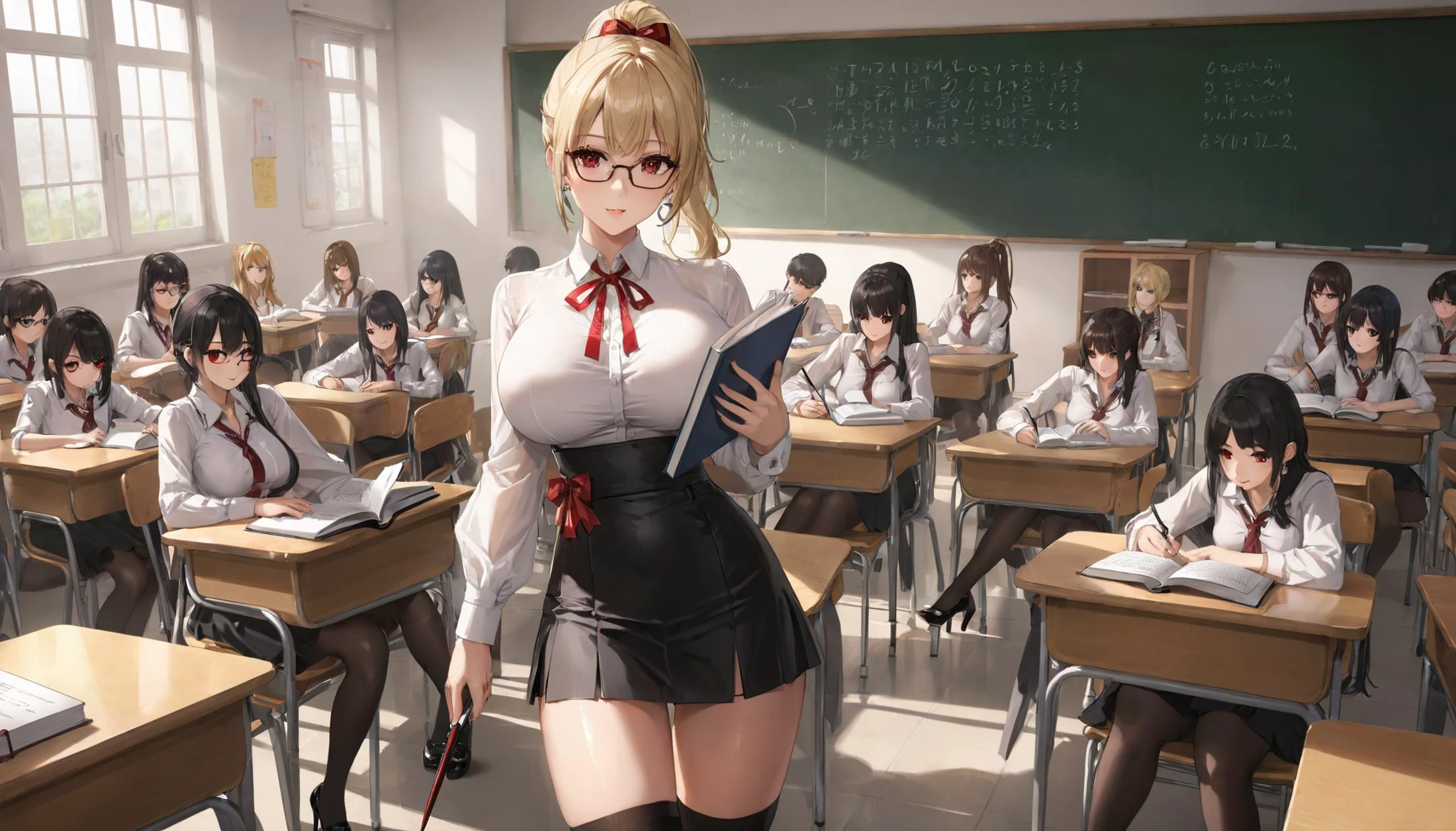 <lora:wkas:0.5>, wkas, raw photo, below view, blonde teacher with cute makeup, age 40, face detailing, (holding textbook and with a pointer: 1.4) , black tight miniskirt, in high-heeled shoes, in the crowded classroom, white semi-transparent blouse , stylish glasses, ( masterpiece:1.1) , (Thigh high socks :1.1), ponytail, red eyes, red ribbon, skin tight , (side breasts) , shoulder, collarbone, students, desks ,chairs, long earrings, textbooks, blackboard, classroom, graphic eyeliner, rouge, (choker:0.9), realistic skin texture,,, very thin waist, <lora:SDXL_MassiveCowsLoRA_v1:0.1> breasts, cleavage, slim body,, (8k, masterpiece, best quality, ultra-detailed), (an extremely delicate and beautiful)kawaii, cute, very big eyes, Aesthetic Anime Eyes, small face, large breasts, cinematic lighting, , Intricate, High Detail, Sharp focus, dramatic, masterpiece, best quality, ultra-detailed,