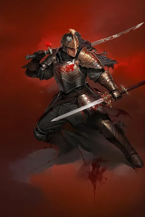 1boy,solo,weapon,blood,armor,sword,holding,helmet,holding weapon,blood on weapon,over shoulder,holding sword,male focus,blood on clothes,shoulder armor,weapon over shoulder,breastplate,standing,boots,1other,blood splatter,pauldrons,blood on face,full body,red background,blood on hands,gauntlets,