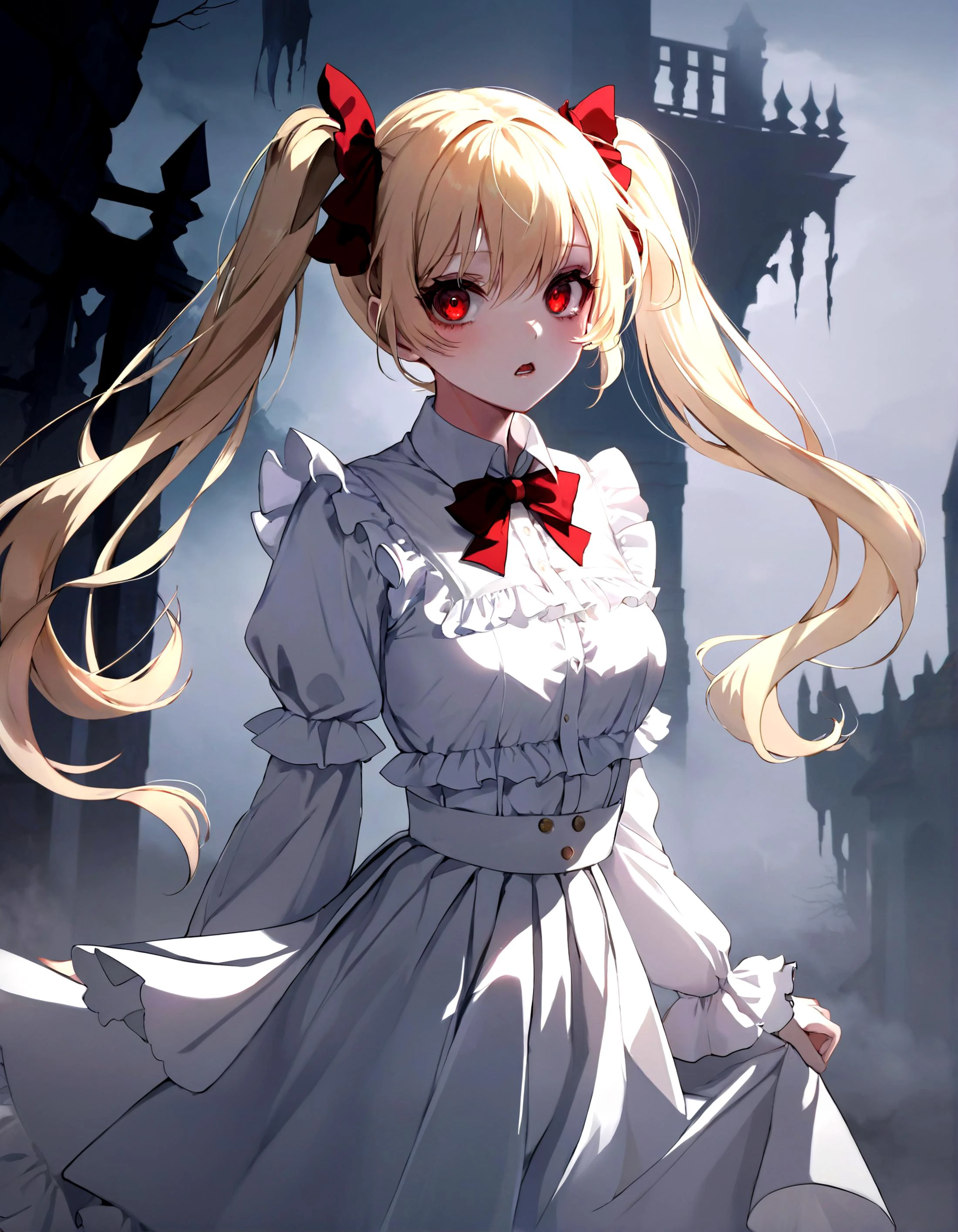 anime, masterpiece, best quality, 1girl, shiny skin, pale skin, glowing red eyes, twintails, platinum blonde hair, wavy hair, frilled shirt collar, frilled sleeves, juliet sleeves, white shirt, white high-waist skirt, red eyeshadow, gloomy, dark, horror, fog, dynamic pose, dynamic angle,
