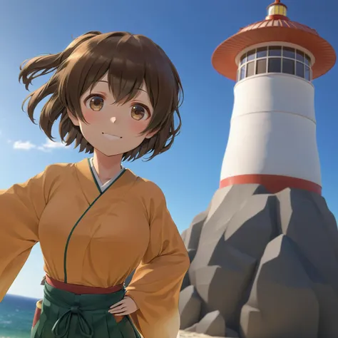 3d render of a mature 1girl, hiryuuchan, brown eyes, light smile, happy, brown hair, one side up, wide sleeves, (orange kimono:0.6), (((green hakama))), (((hakama short skirt))), large lighthouse in background over a blue sky, depth of field, closed mouth, miniskirt, <lora:hiryuu_sdxl_1-10:1> highly detailed, high budget, cinemascope, best shadow, dramatic lighting, very clear, very sharp, clean lines, good hands, perfect hands