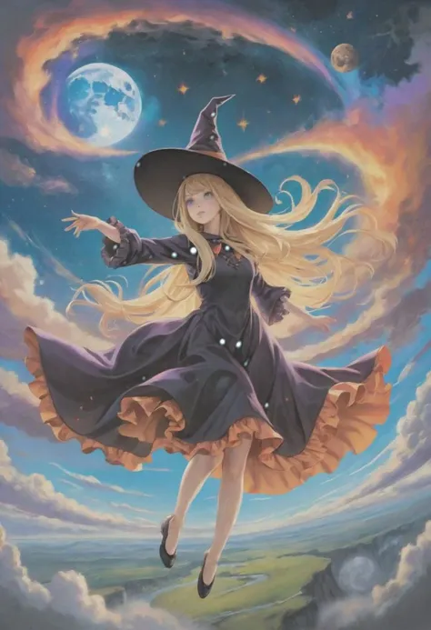 (best quality):2 (masterpiece):2 (normal quality):2 realistic hires, A psychedelic world spreads out below, Witch girl floating in the sky Wearing a witch hat Frilled fantasy costume Blonde straight hair
