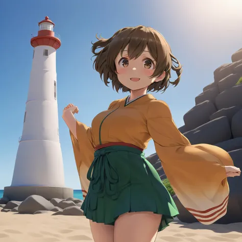 3d render of a mature 1girl, hiryuuchan, brown eyes, light smile, happy, brown hair, one side up, wide sleeves, (orange kimono:0.6), (((green hakama))), (((hakama short skirt))), large lighthouse in background over a blue sky, depth of field, closed mouth, miniskirt, <lora:hiryuu_sdxl_1-10:1> highly detailed, high budget, cinemascope, best shadow, dramatic lighting, very clear, very sharp, clean lines, good hands, perfect hands