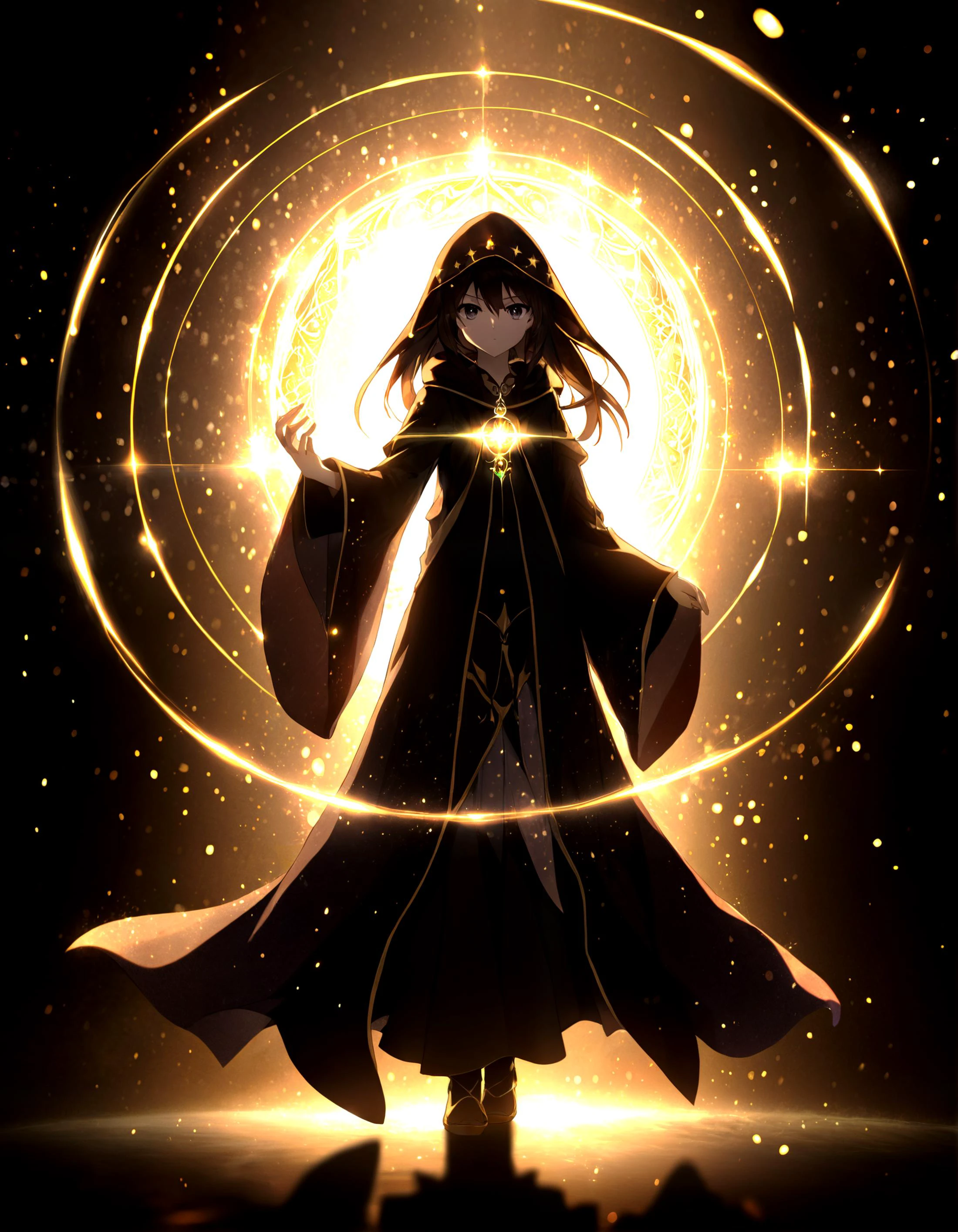 anime, 2.5d, masterpiece, best quality, fantasy\(theme\), 1girl, wizard robes, see-through silhouette, looking at viewer, casting magic, light particles,